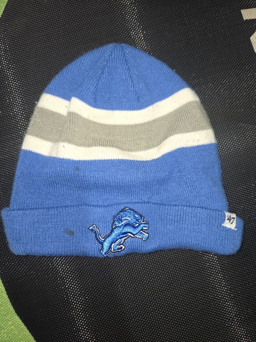 47 Royal Blue and Gray Striped Cuffed Detroit Lions Beanie with Embroidered Lion